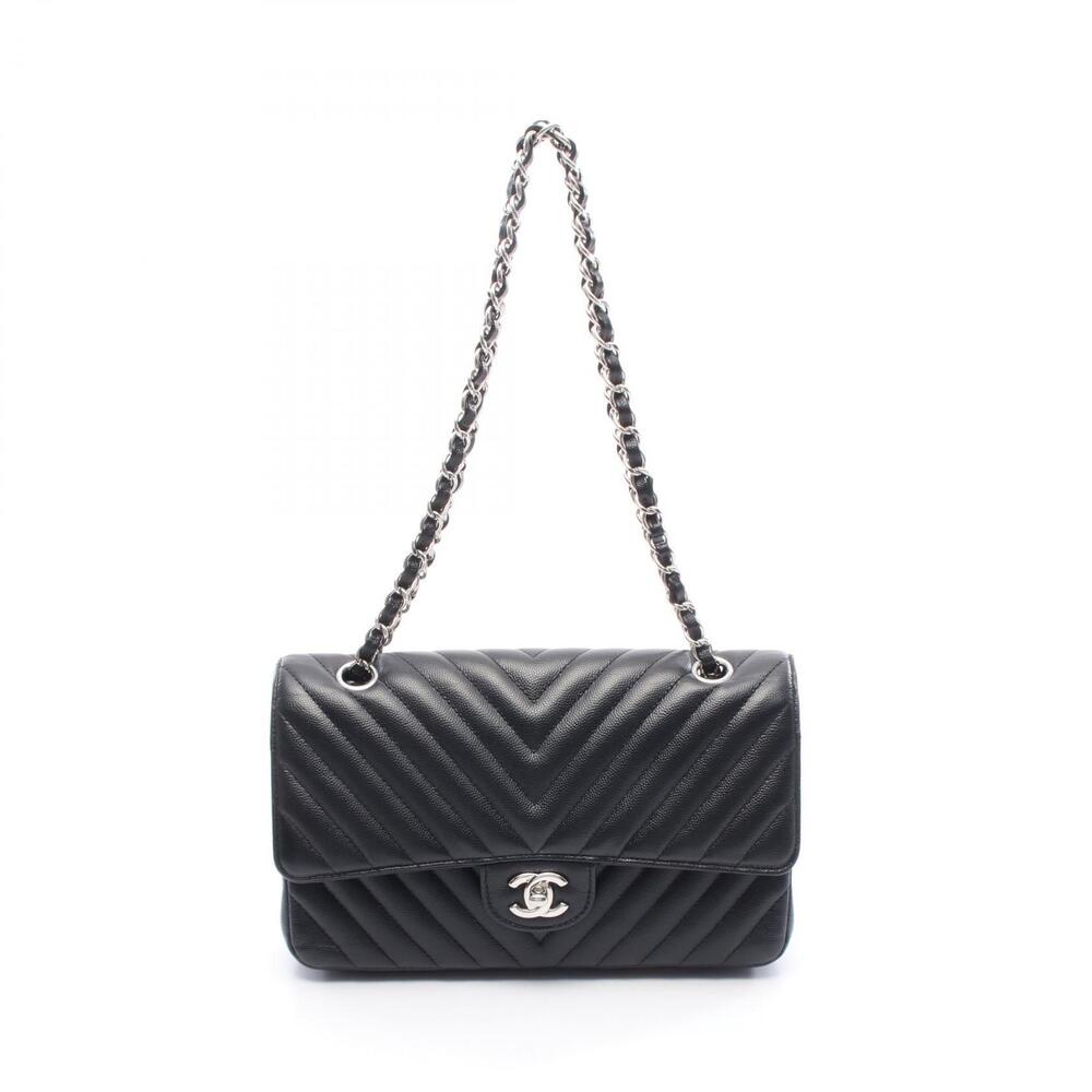 Chanel Chevron V stitch Double Flap Shoulder Bag Calfskin Cowhide Black